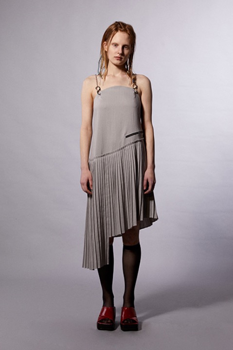 Grey Striped Asymmetric Pleated Dress